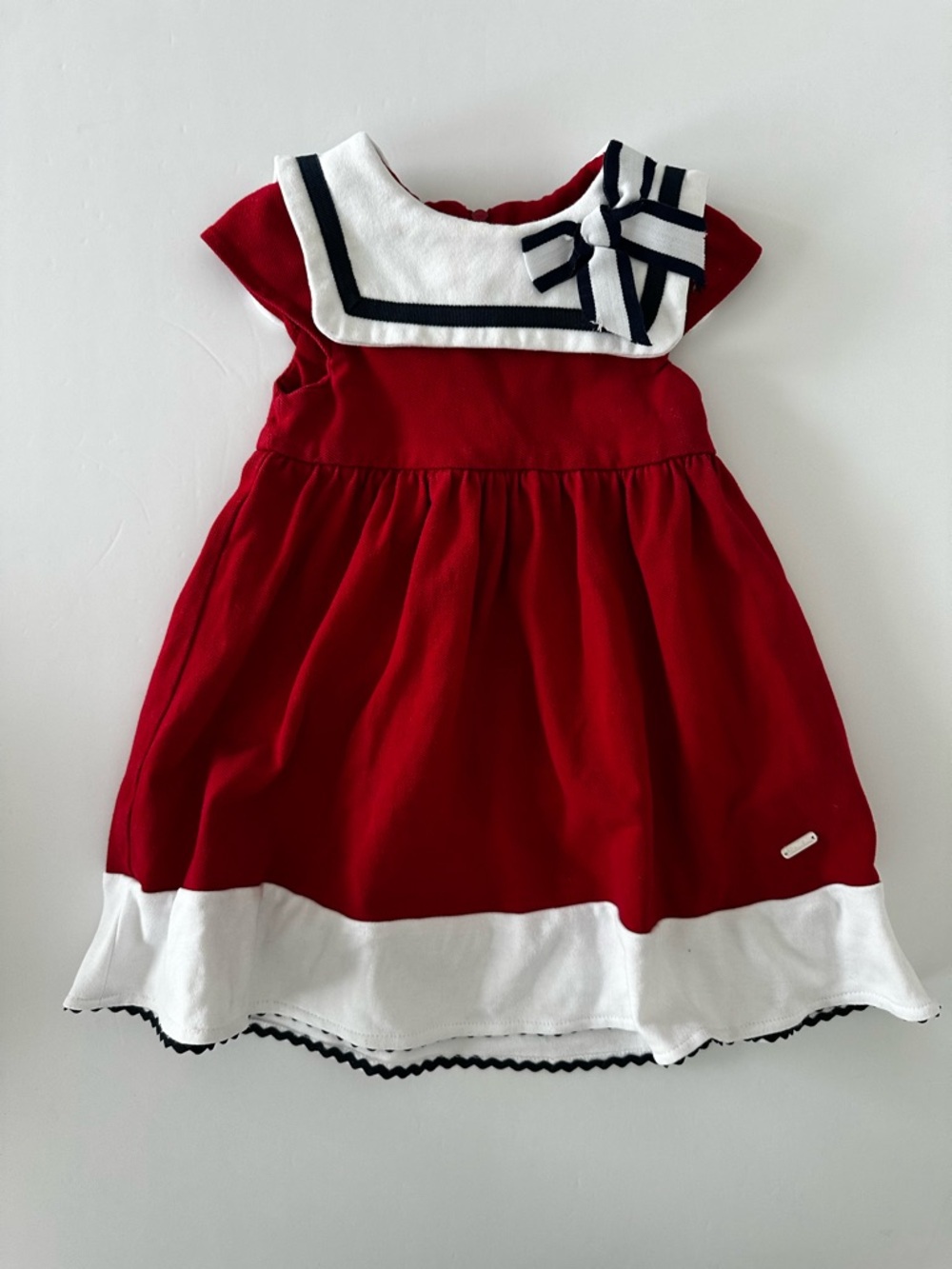 Patachou Girls’ Red Piqué Cotton Dress With Navy/White Sailor Collar, 3T
